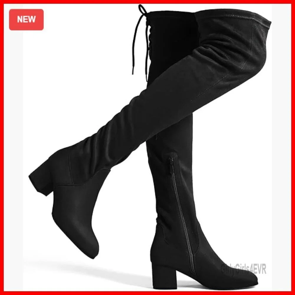 Over The Knee Thigh High Boots Chunky Heel Stretch Faux Suede